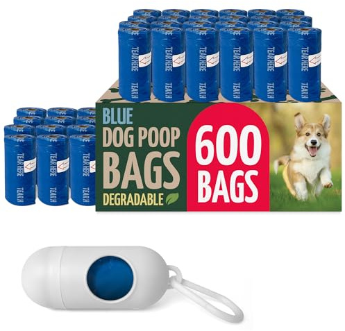 Reli. Biodegradable Dog Poop Bags Rolls (600 Pack, 40 Rolls) | 9x13 Poop Bags for Dogs | Unscented, Leak Proof Oxobiodegradable Pet Waste Eco-Friendly | Blue | Leash Clip Holder Included