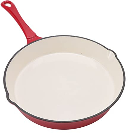 Luocute Enameled Cast Iron Skillet, One Piece Long Handle Red 25cm Diameter Ergonomic Design Kitchen Frying Skillet for Cooking, Red Exceptional Heat Retention Professional Cookware