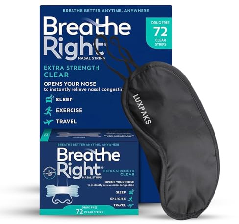 Nasal Strips Extra Strength Clear 72 Pcs for Deviated Septum Relief and Snoring Reduction Breathe Right Bundled with LUXPAKS Sleeping Mask