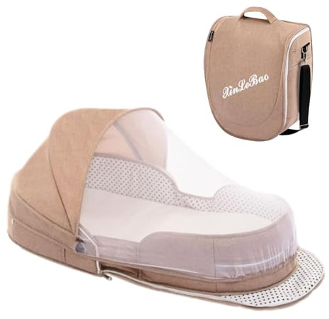 Ruhnjyg Cuna portátil plegable – Moisés de viaje para cama de bebé con red y toldo, cápsula de dormir móvil extraíble, fácil de plegar y ligera, color caqui