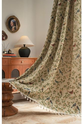Tokusyou Landtgårdsgardiner, blickdicht, beige, vintage, gardiner med linneutseende, Jacquard, motiv med fåglar och löv, bomull, boho-gardin med tofs, rod pocket, för vardagsrum, kök, 1-pack, B150×