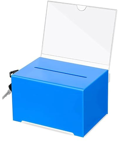 Scatola per donazioni in acrilico, con chiusura a chiave, blu con chiave, per lotterie, votazioni, biglietti da visita
