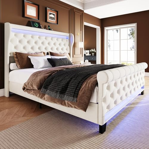 Belffin King Size Bed Frame with Headboard,50 Tall Headboard Upholstered Velvet Platform Bed with LED Lights & 2 USB Port/1 Type C Port, Button Tufted, No Box Spring Needed,Noise Free,Beige