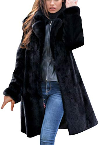 Cappotto lungo da donna in pelliccia sintetica caldo invernale scollo a V maniche lunghe giacca elegante stile casual comodo autunno moda taglie forti cappotto esterno (Black, XXXL)