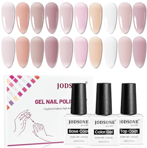 JODSONE Lot de 12 vernis à ongles en gel avec couche de base et couche de finition, 10 couleurs, blanc, rose, nude Jelly Gel Polish Perfect for DIY Nail Art at Home