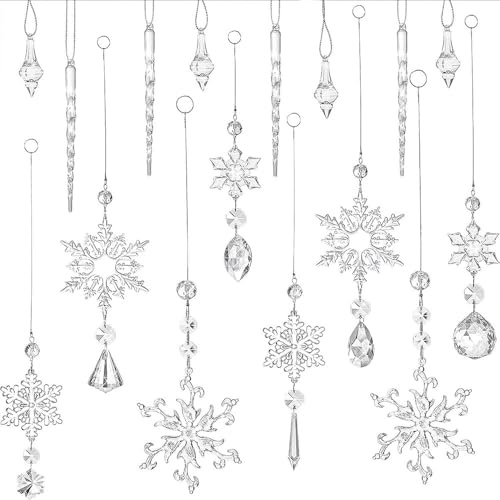 burkfeeg 16 stycken akryljulgransprydnader, hängande snöflingor istappar dropphänge, transparent kristall julgransprydnad med linje för julgran festdekorationer