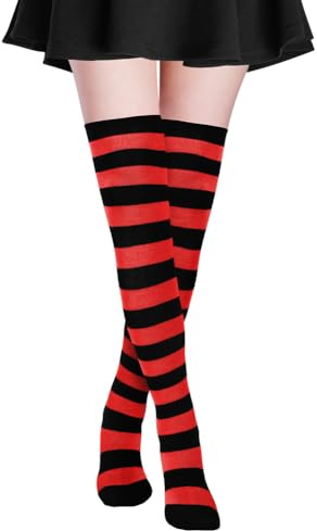 Alaoo Calcetines Hasta la Rodilla para Mujer, Calcetines Altos a Rayas, Casual Sobre la Rodilla Medias Altas de Muslo para Uso Diario, Cosplay,Negro + Rojo Brillante