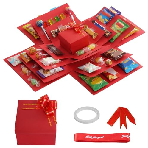 1Pc DIY Explosion Gift Box, 5 Layer Snack Explosion Box with Ribbon and Double-Sided Tape, Creative Surprise Gift Boxs for Birthdays Wedding Valentine's Day Christmas