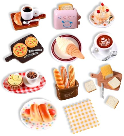 NXDHPLIENG 36 stycken dockhus tillbehör, 1/12 mini tomtetillbehör miniatyr mat och dryck med harts tårta, bröd, pizza, frukt, kaffe, dockhusdekoration DIY tomte mat