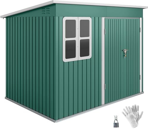 Outsunny Casetta per attrezzi in metallo, 4,13 m², con finestra, tetto spiovente, aperture di ventilazione, con serratura, telaio da pavimento, 260 x 177 x 190 cm, resistente alle intemperie, casetta