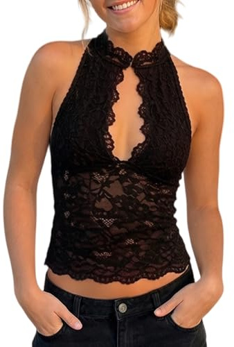 Betrodi Women Keyhole Lace Top Mock Neck Sexy Cutout Sheer Tank Top See Through Sleeveless Going Out Tops (Lined Black, S)