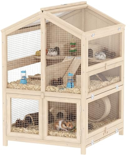 Pawhut Cage Hamster 3 Étages en Bois Bac Amovible 68x61,5x90cm Naturel | Habitat pour Rongeur, Bascule, Bouteille d'Eau, Fenêtre, Cabane, Couvercle Ouvrant, pour Petits Animaux