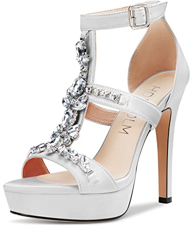 HDEUOLM Donna Spillo Alto High Tacco Heel Piattaforma Diamante Cristallo Sandali Romani Sexy Clear da Matrimonio 13 CM Heels Scarpe Bianco Raso 37 EU