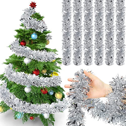 Ywwltt Guirlande de Noël Sapin 6pcs, 12m Métallique Brillant, Décoration Argent pour Sapin