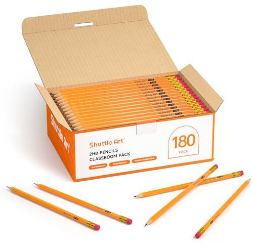 Shuttle Art #2 HB Pencils with Rubbers, 180 Pack Bulk, Sharpened for Kids & Teachers, School Writing Wooden Yellow Pencils Set for Children, Back to School Supplies