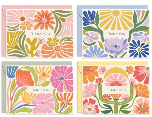 S&O Thank You Cards with Envelopes - Blank Stylish papers for Handwritten Messages -Set of 24 decor sheets and Envelopes - Assorted cute Cards with Stylish Color covers to Mix & Match