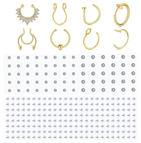 WillTen 8 st falsk näsa ring falsk septum piercing med 2 st falsk näsa stud stick falsk ansikte piercing, falsk näsa piercing klämma näsa ring falsk ögonbryn piercing falska läppar ring silver guld