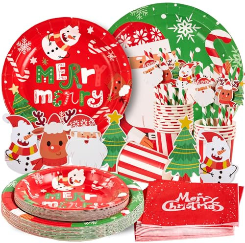 SUNBEAUTY 80 PCS Ensemble de Vaisselle de Fête pour Noël Couverts de Fête de Noël Accessoires de Décoration Comprend Gobelets en carton, Assiettes, Serviettes, Pailles, pour 16 Invités
