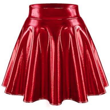 Bridesmay Falda Skater Acampanada para Mujer - Falda Corta Elástica Brillante con Talle Alto para Fiesta, Noche de Discoteca y Baile TJ Red L