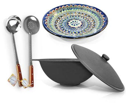 ZARENHOFF Kazan de hierro fundido de 12 l de diámetro, 42,5 cm de diámetro, base plana con lagan de 34 cm de diámetro, cucharón para espumadera Plov, olla uzbeca, WOK Kazan, Ljagan, Namangan, Asia