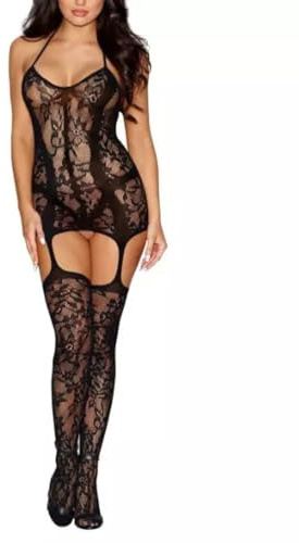 ROSVAJFY Lingerie Donna Sexy Bodystocking Babydoll Pizzo Fishnet Trasparente con Calze e Reggicalze Biancheria Intima Halter Backless Sleepwear Camicia da Notte Elasticizzato (Nero)