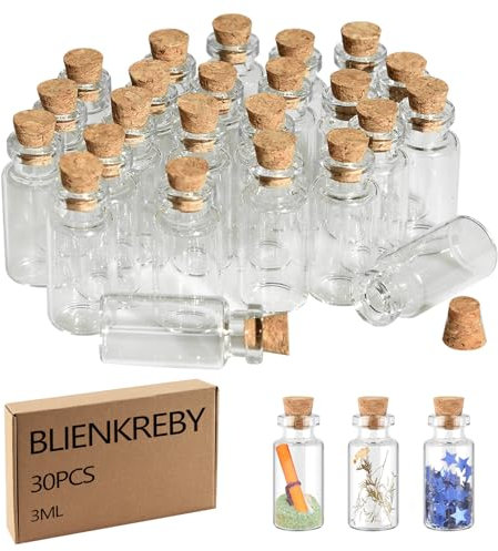 BLIENKREBY 30 Pezzi Vasetti Vetro Piccoli, 3 ml Bottigliette con Tappi, Set di Provette Vetro con Tappi di Sughero, Bomboniere Matrimonio per Regalo Feste Decorazione