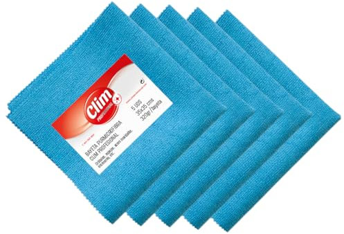 Clim Profesional 5 Bayetas Pur Microfibra con Recubrimiento PU. Sin Pelusa. Textura Flexible. Especial Cristales, Espejos, Acero Inoxidable, Grifería. Tamaño 35x35 cm y 320gr. Pack 5 uds