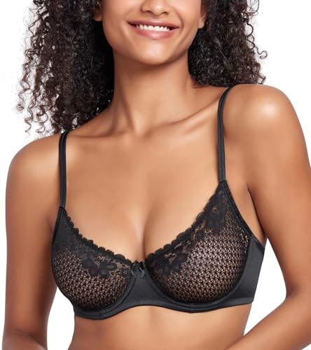 DotVol Reggiseno a Balconcino da Donna in Pizzo a Rete Intimo Trasparente con Cablaggio Reggiseno Non Imbottito Nero 4D