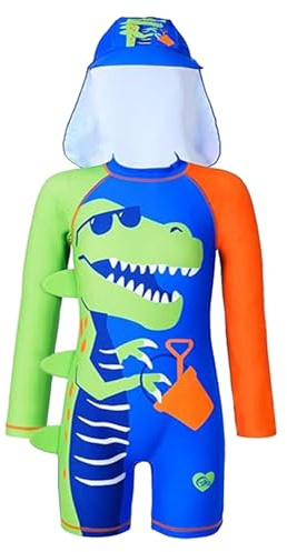 OXUBOAO Boys One Piece Swimming Costume Kids Dinosaur Swimsuit Long Sleeve Rash Guard UPF 50+ Bathing Suit with Swim Cap (Blue, 4-5T)