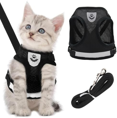 Kitten Harness and Lead Set,Escape Proof Kitten Harness with Cat Leash,Adjustable Soft Reflective Mesh Vest Harnesses and Lead for Small Medium Cats Pets(Black)