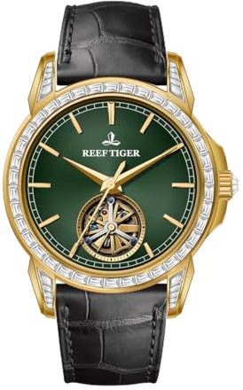 REEF TIGER Men's Brilliant Crystal Bezel Mechanical Automatic Watch RGA1904 Tourbillon Leather Strap Classic Luxury Wristwatch (RGA1904-PNBD)