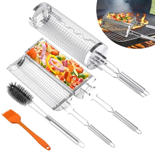 Juego de 2 Cestas para Barbacoa con Mango de Acero Inoxidable, Diseño de Apertura Lateral, Cesta con Ruedas con Cepillo de Limpieza, Accesorios para Barbacoa, Verduras, Carne y Mariscos en La Parrilla