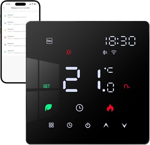 Vaconoff Fussbodenheizung Thermostat Digital Für Wasser Fußbodenheizung und Boiler, WiFi Raumthermostat Heizungsthermostat Smart, Alexa/Google Assistant/Tuya APP Kompatibel Unterputz 230V 3A Schwarz