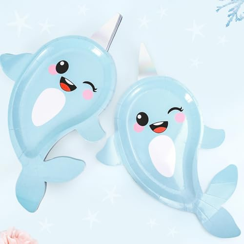 AnyDesign Whale Paper Plates Disposable Plates Blue Narwhal Ocean Animal Decorative Plate for Summer Holiday Baby Shower Birthday Under the Sea Party Supplies, 40 Pcs