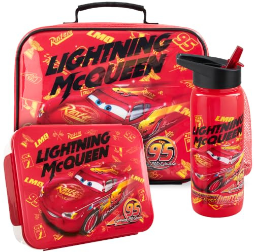 Get Trend Disney Cars Sac Isotherme Repas Enfant Set, 3 Pcs Bento Lunch Box, Lunch Bag Isotherme et Gourde Sans BPA, Fermeture Eclair, Poignée et Porte Bouteille, Cadeau Garcon (Red/Multi Cars)
