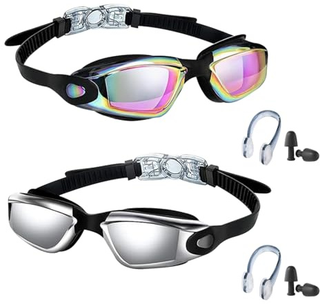 HTTDSLF Occhiali da Nuoto, Occhialini Nuoto a Specchio, con Clip per Naso & Tappi per Orecchie, Anti-Appannamento, per Donne, Uomini, Adulti, Adolescenti e Bambino