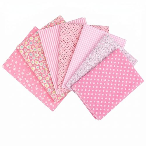 Durdiiy 7PCS Fat Quarters Fabric Bundles, 25 * 25cm Precut Quilting Cotton Fabric Squares, Soft Durable Cotton Fabric for Sewing, Patchwork, DIY Crafts, Embroidery, Home Decor (Pink)