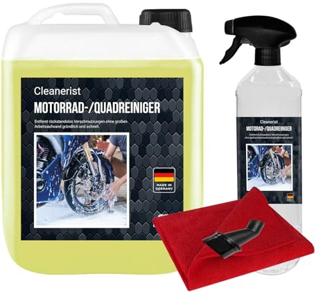La bolla di sapone concentrato da 10 litri per moto/quad, con rubinetto FLUXX® e panno in microfibra e rubinetto di scarico, per motocross.