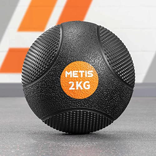 METIS Médecine Ball - Ballon Lesté 1kg à 10kg | Wall Ball pour Musculation & Fitness - Caoutchouc Texturisé Antidérapant (2kg)