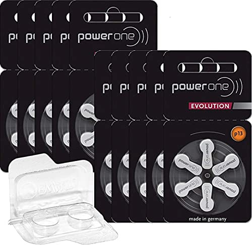 60 x för Power One Evolution stl. 13 hörapparatbatterier 1,45 V (5 x 6 blister) förvaringslåda för 2 hörapparatbatterier (60 batterier, orange)