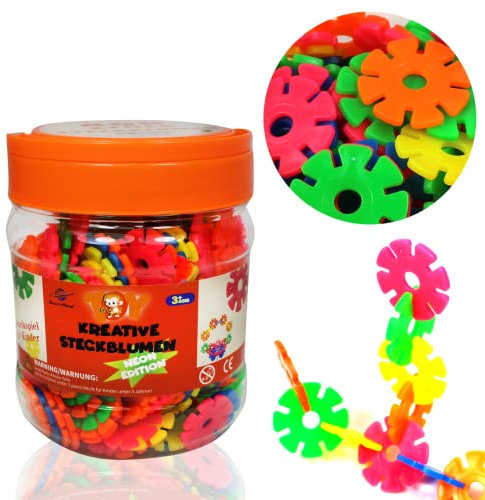Smart-Planet 400 NEON Steckblumen in Dose - Schneeflocken zum Stecken 3,3 cm Kinder Montessori Spielzeug Lernspielzeug Steckbausteine Stecksteine ab 3 Jahre