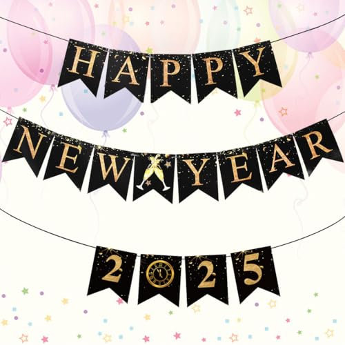 KOOKZ 2026 Neujahr Banner Silvester Girlande, Schwarz und Gold Neujahr Partybanner Hängende Silvester Wimpel, Ideal Happy New Year Banner für Neujahr Party Deko Wand