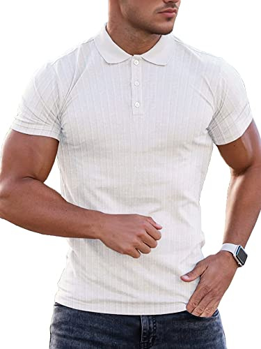 Lehmanlin Polo da Uomo Manica Corta Slim Fit Cotone T-Shirt Elastico Muscle Sport Golf Tops （Bianco/S）