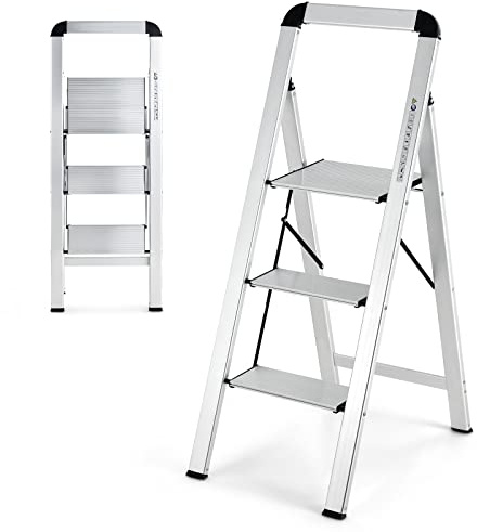 COSTWAY Stegstege, stående stege, 3 steg, hopfällbar stege i aluminium, upp till 150 kg, vikbar stege, stegpall för hem, kontor, garage, silver (3 steg 44 x 62 x 109 cm)
