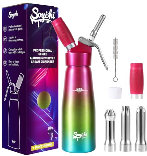 Professional Aluminum Whipped Cream Dispenser 500ml Whip Cream Canister with 3 STAINLESS STEEL Decorating Nozzles & Cleaning Brush Culinary Cream Maker Whipper Purple