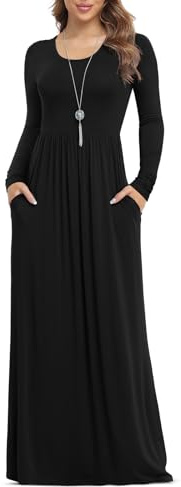Anelune Dresses for Women Long Sleeve Loose Plain Plus Size Maxi Dresses Casual Long Dresses with Pockets Black X-Large