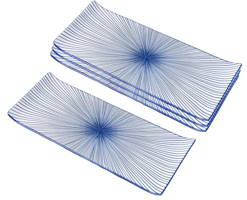 DealbyBox 12 Rectangular Plates - Long Serving Trays for Sushi, Pasta, Chips, Appetizer, Cake - Ceramic Rectangle Platter for Party, Restaurant, Banquet (4Pack, Blue Radial)