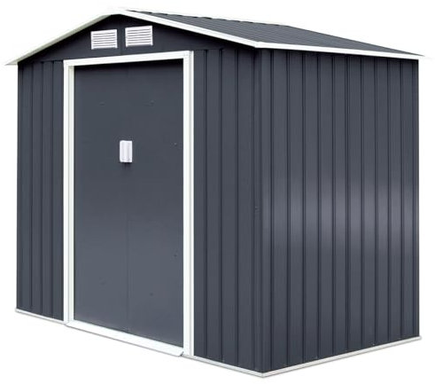 HOMASIS Abri de Jardin Métal Exterieur, Cabane de Jardin avec 2 Volets Blancs et Portes Coulissantes, Abri à Outils Structure Renforcée en Tôle d'acier, 277 x 191 x 192 cm, Gris