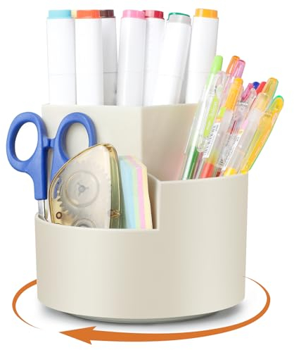 AiQInu Rotatif Pot a Crayon, Porte Organiseur Bureau, Porte-Stylos Pivotant à 360 Degrés avec 3 Compartiments, Rangement Stylo de Bureau Grande Capacité pour Papeterie, Maquillage, L'artisanat - Blanc