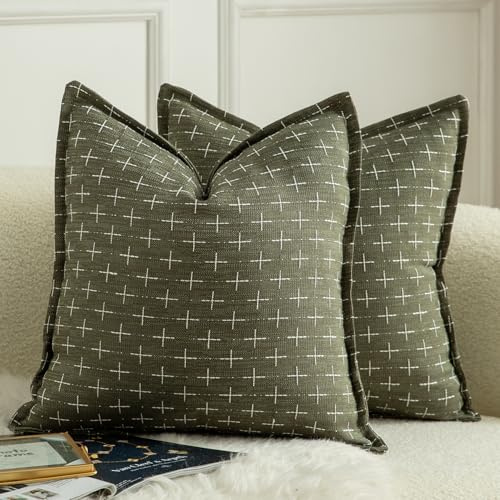 Mandioo Pack of 2 Burlap Linen Cushion Covers Woven Textured Modern Farmhouse Throw Pillow Cases Decorative Couch Sofa Bed Living Room 18 x 18 Inch 45x45 cm Olive Green